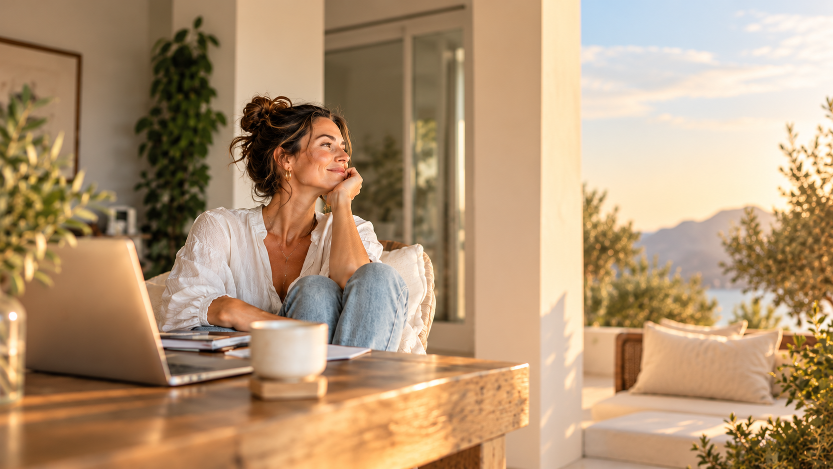 Woman reflecting beside her laptop in a sunlit home