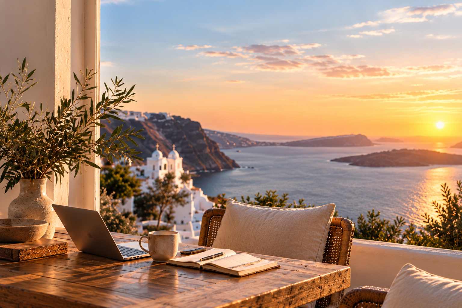 Laptop and notebook on a Mediterranean terrace overlooking the sea at sunset