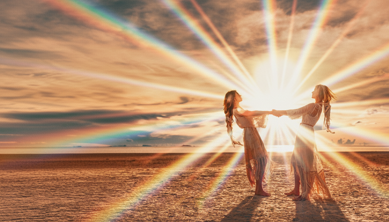 Hands holding a prismatic crystal refracting light